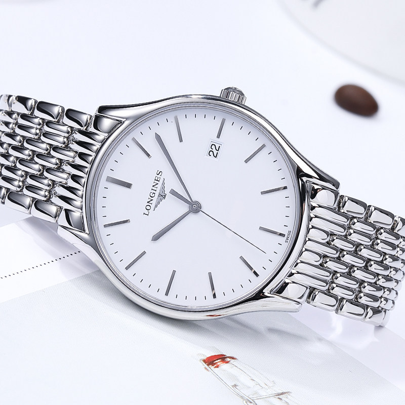 Longines Jam tangan pria L4.859.4.12.6 putih jam kuarsa Tampilan besar Garansi Hadiah