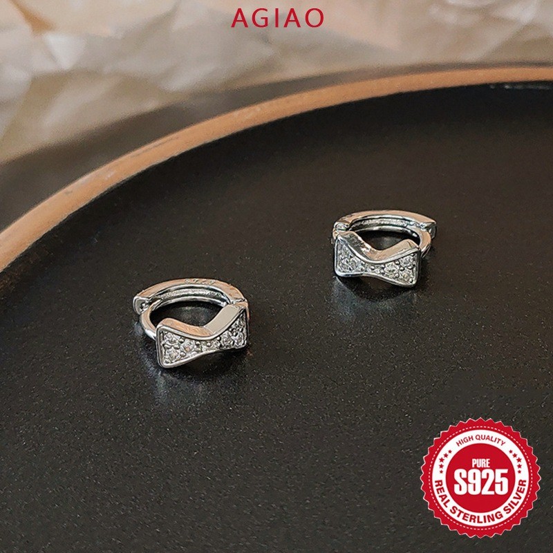 AGIAO Anting-anting Perak Muda Mini Pita Berkilau Berlian Pita Kecil untuk Wanita