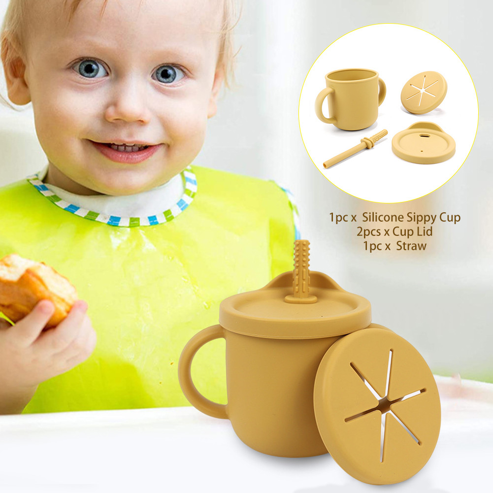 Gelas Latih Anak 3 In 1 Pegangan Ganda Silikon Dengan Tutup Dan Sedotan
