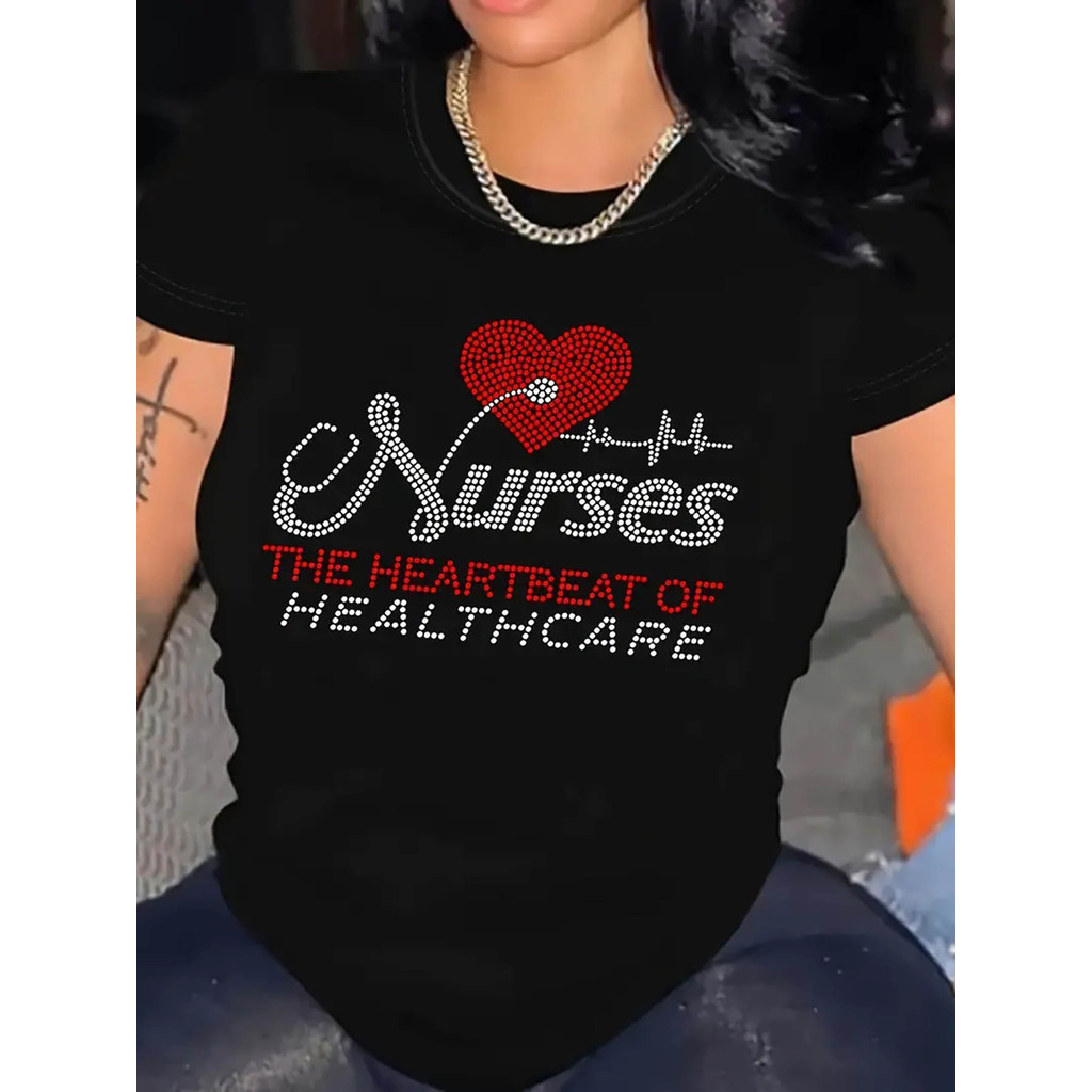 Kaos Grafis Apresiasi Perawat Wanita Hitam - "PERAWAT DETAK JANTUNG PERAWATAN KESEHATAN" Lengan Pend
