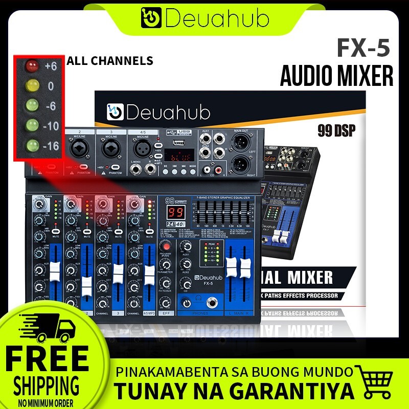 Deuahub Audio Mixer Mixer Profesional 5-Channel/7-Channel FX-5/FX-7 Mixer Penguat Sinyal USB Penguat
