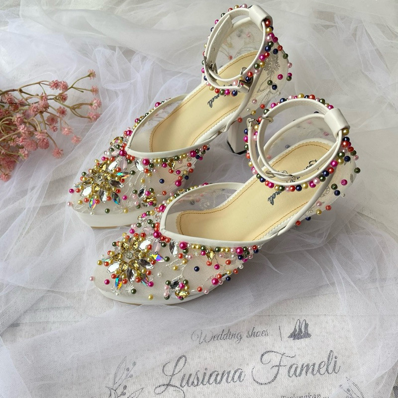 khalila shoes | sepatu pengantin model tali  sepatu payet custom bebas request warna mutiara hak tah