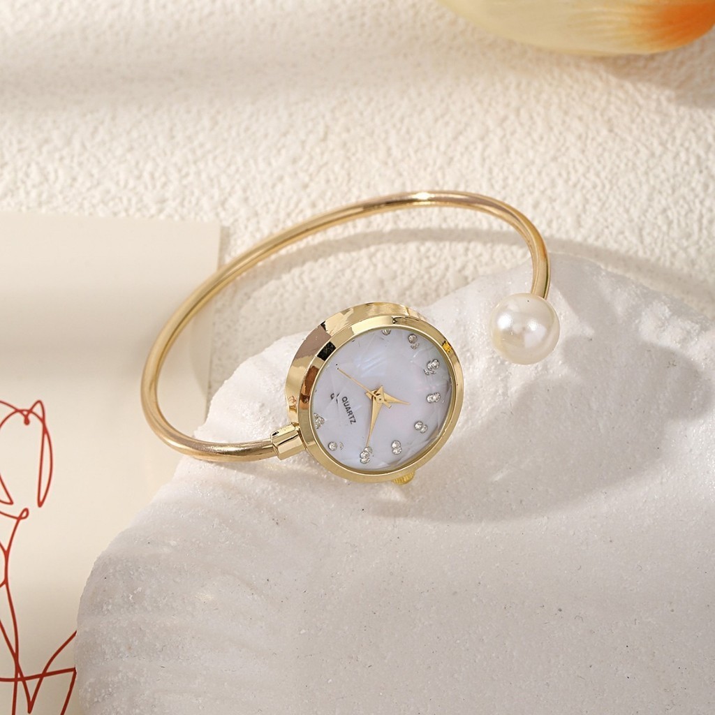 READY STOCK JAM TANGAN WANITA + GELANG JAM TANGAN KUARSA WANITA BULAT DIAL KECIL PEARL GELANG