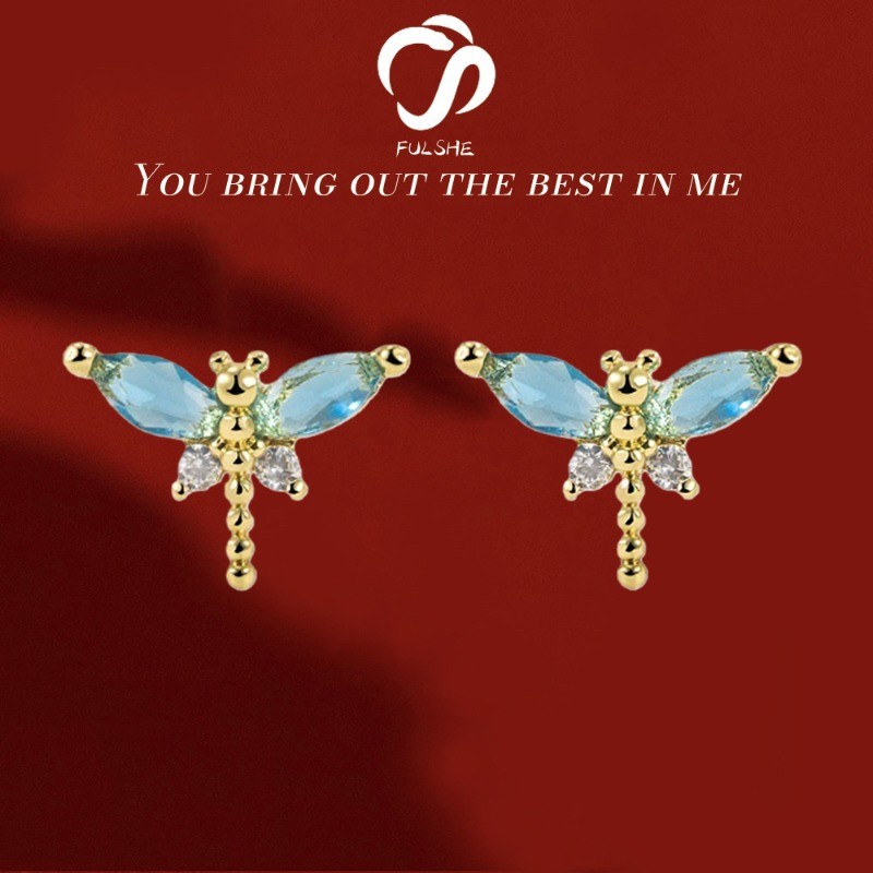 FULSHE Anting Zircon Berkilau Biru Asli Wanita Lapisan Emas Kupu-Kupu Kecil Yang Imut