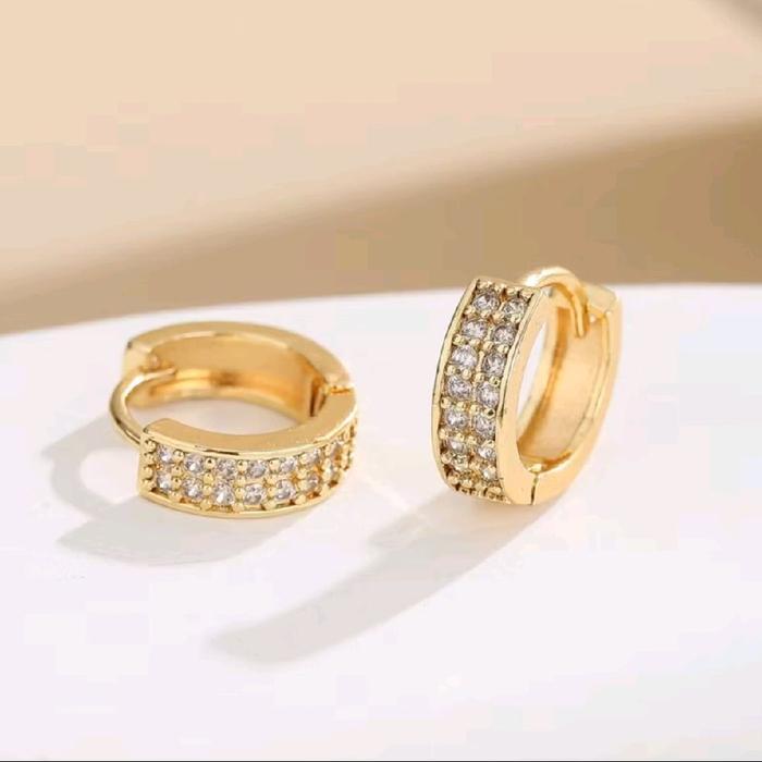 ASLI TITANIUM ANTING JEPIT WANITA MOTIF BARIS DUA PERMATA ANTI LUNTJR ANTI KARAT - EMAS