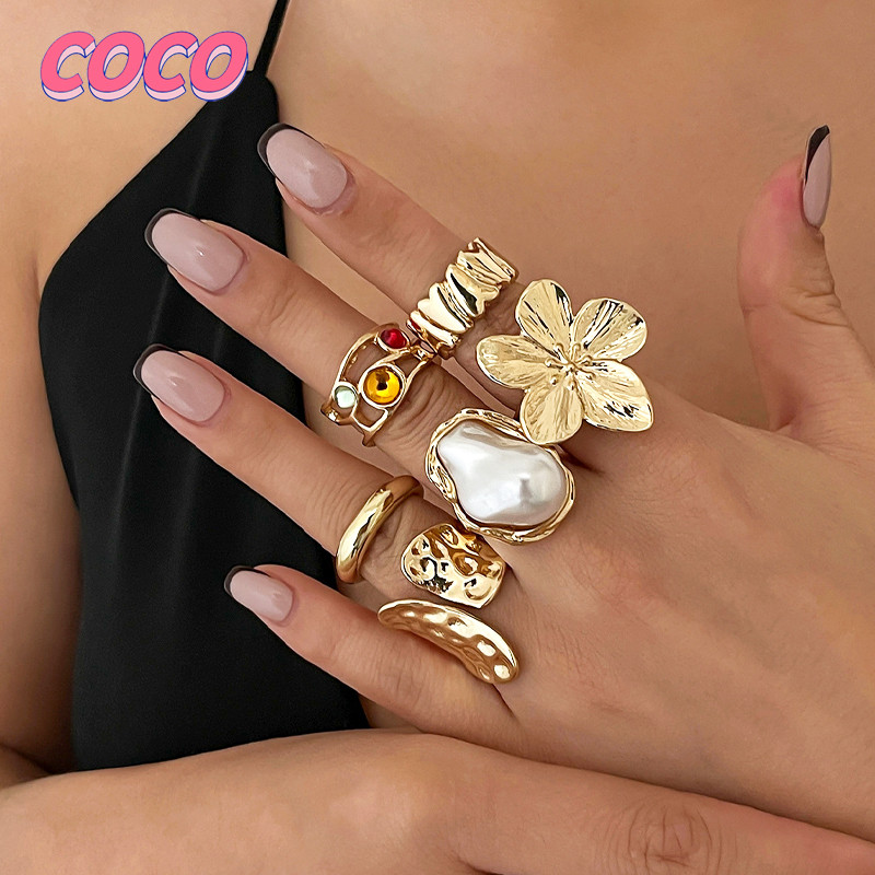 Set Cincin Titanium Wanita Cincin Batu Permata Cincin Terbuka Mutiara Batu Permata Boho Bohemian Rin