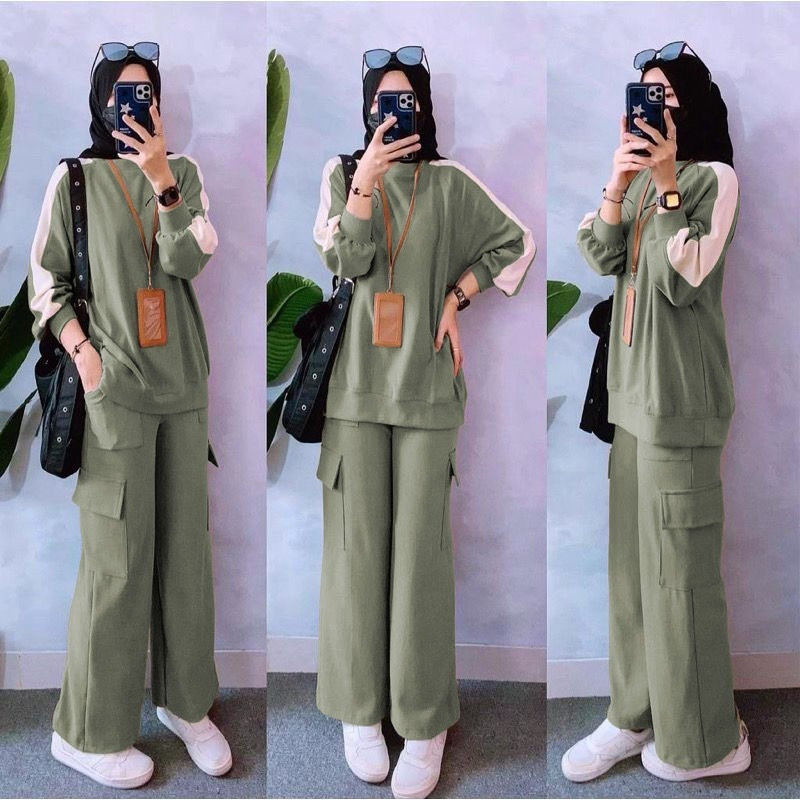 Set Cargo Setelan Celana Cargo List Tangan One Set Training Baju + Celana Wanita Olahraga Sporty Bes