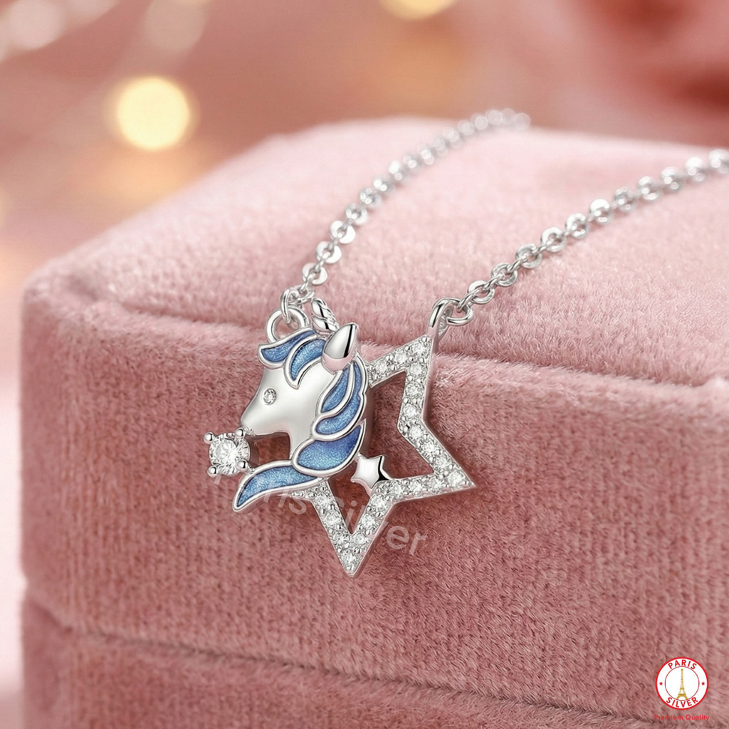 Kalung Perak Asli 925 Wanita Liontin Unicorn  Shio Kuda Silver Lapis Emas Putih Anti Karat