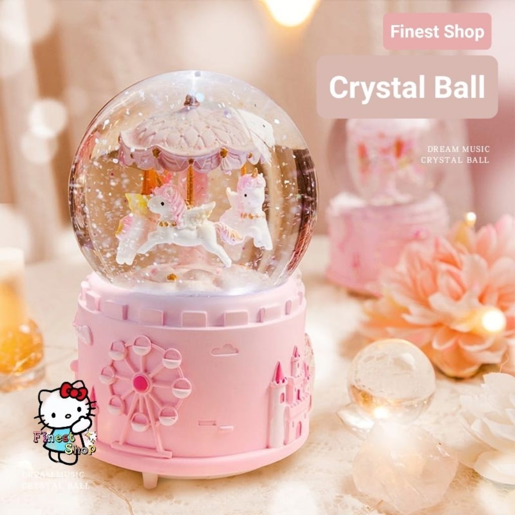 (bunnie teknik) Snowball Kotak Musik Unicorn JUMBO Bola Salju Kaca Dream Music Box Lampu Happy Glitt