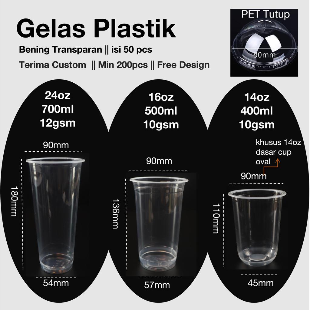 [50pcs] Gelas Plastik 14oz 16oz 24oz cup diameter 90mm+Tutup / Gelas Plastik Tebal /Gelas PP Bening/