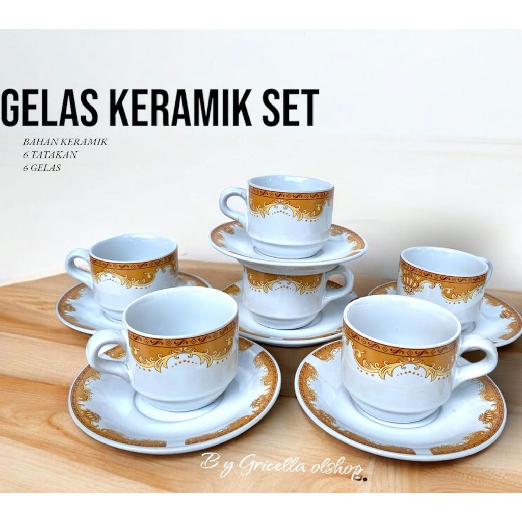 PLAOSANSTORE  1 SET GELAS KERAMIK LUCKY MOTIF MAHKOTA EMAS ISI 12 PCS (6 GELAS+6 TATAKAN TERLARIS