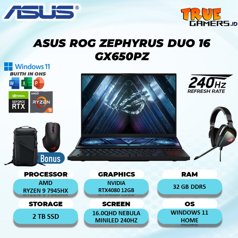 Laptop gaming Asus Rog Zephyrus Duo 16 GX650PZ RTX4080 12GB Ryzen 9 7945HX 32GB 2TB Win11 free OHS 1
