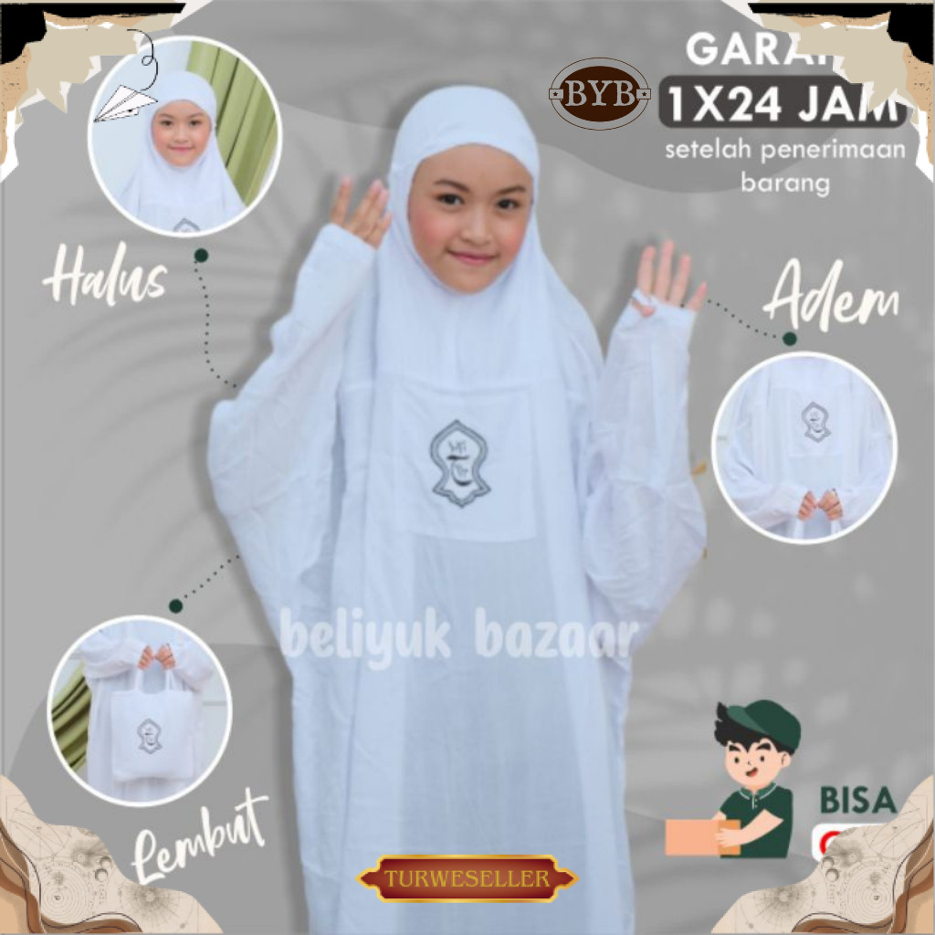 Mukena Anak Remaja Hadramaut Terusan Bali Terompah Polosan Warna Mukenah  Jumbo Rayon 5 Warna Putih 