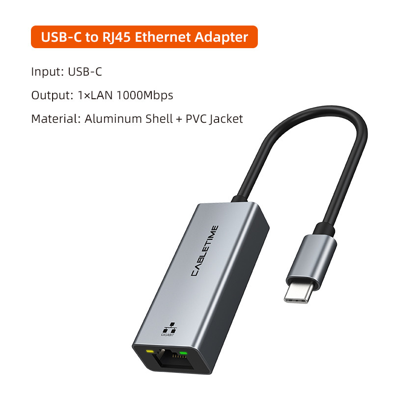 CABLETIME USB C to Ethernet Adapter 1000Mbps to LAN Network RJ45 Aluminum Gigabit Type C Adapter for