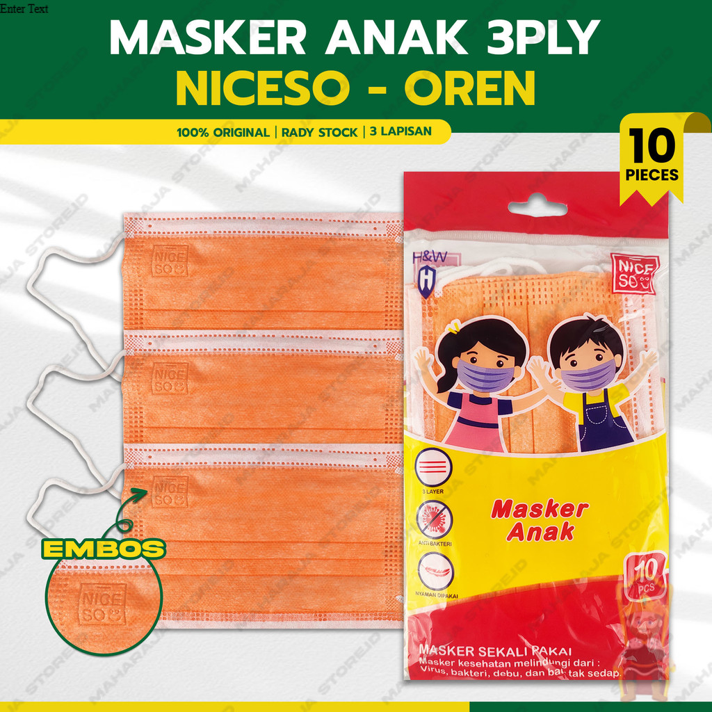 Masker Anak Medis 3Ply NICESO Isi 10Pcs Warna Oren Orange 3 Ply Earloop Surgical Mask Kemenkes