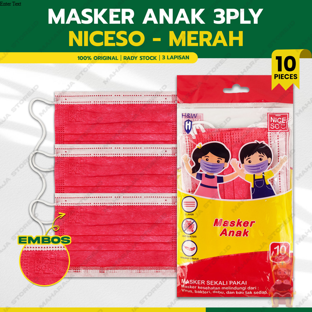 Masker Anak Medis 3Ply NICESO Isi 10Pcs Warna Merah Red 3 Ply Earloop Surgical Mask Kemenkes