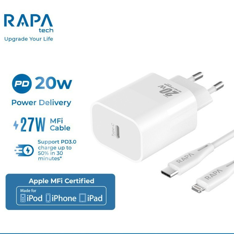 RAPAtech Power II PD20W USB Type C to Lightning Iphone With MFi Certified Cas Charger 20W 25W 30W - 