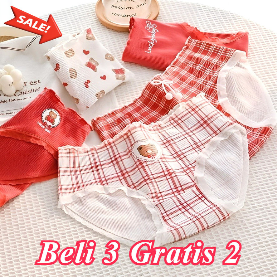 [Beli 3 Gratis 2] Isi 5pcs Celana Dalam Wanita Katun Soft Seamless Motif Kotak Merah Lucu - Seamless