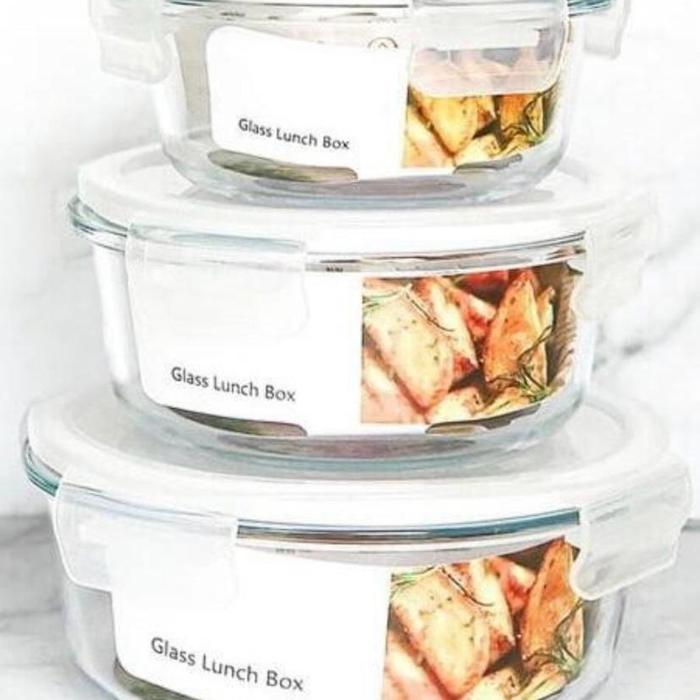 Glasslock Lunch Set Tempat Makan Wadah Kaca Food Storage Container 3in1 - Round