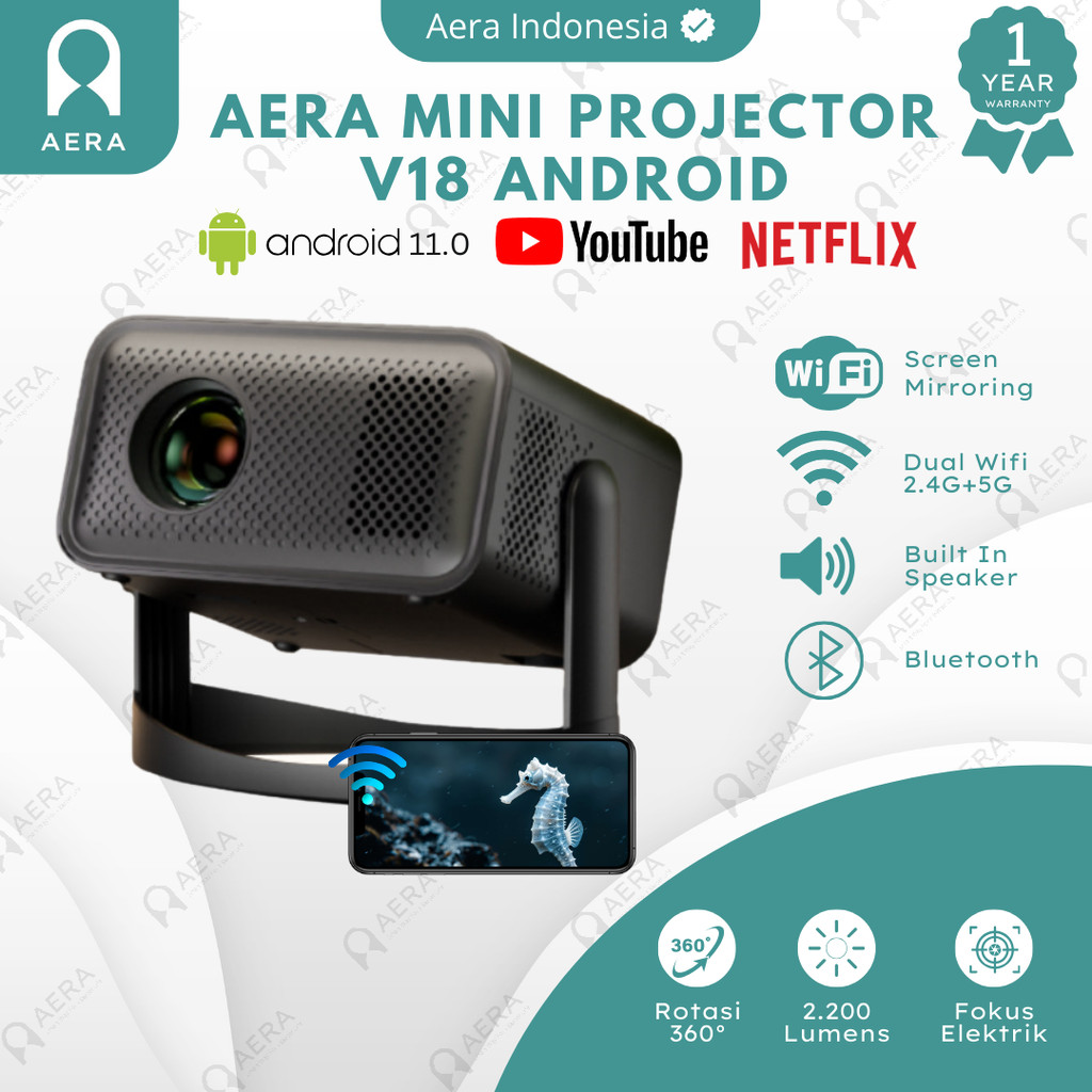 Aera Proyektor Android V18 2200 Lumens 360° Rotating Proyektor Portable Mini Android Bluetooth Mirro