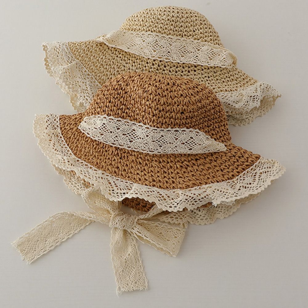 Lace Up ildren Straw Sun Hat Shang Hat Anti-UV Sun Hat Cartoon Sunshade Hat Fisherman Cap Korean Sty