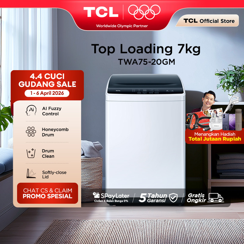 TCL Mesin Cuci 1 Tabung - Top Loading 7 KG - Honeycomb Crystal Drum - Auto Cleaning - Eight Wash Pro
