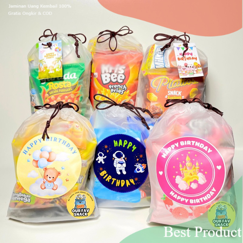 Paket Snack Ulang Tahun Anak Hampers Snack Bingkisan Ulang Tahun Anak Pouch Serut Mini / Bingkisan E