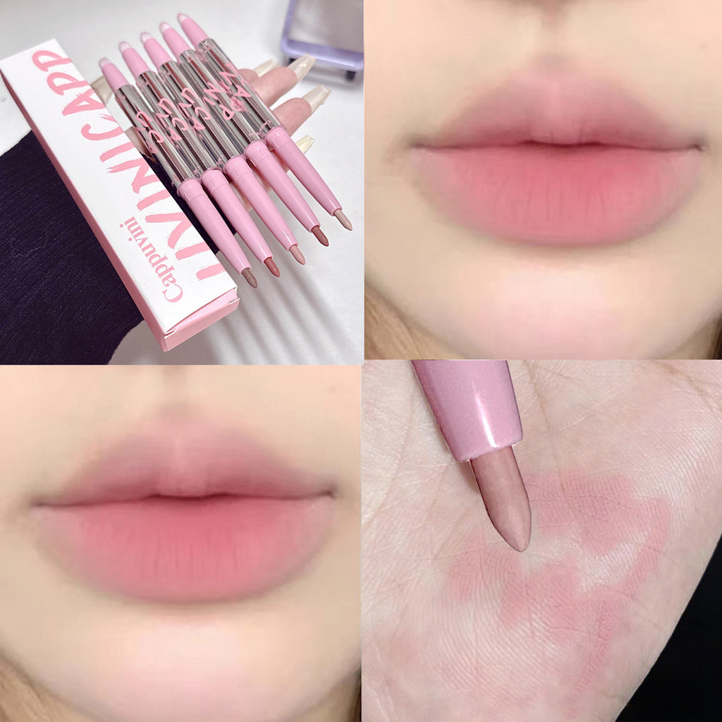 Lipliner untuk menguraikan bentuk bibir, lipstik telanjang, lipstik telanjang.