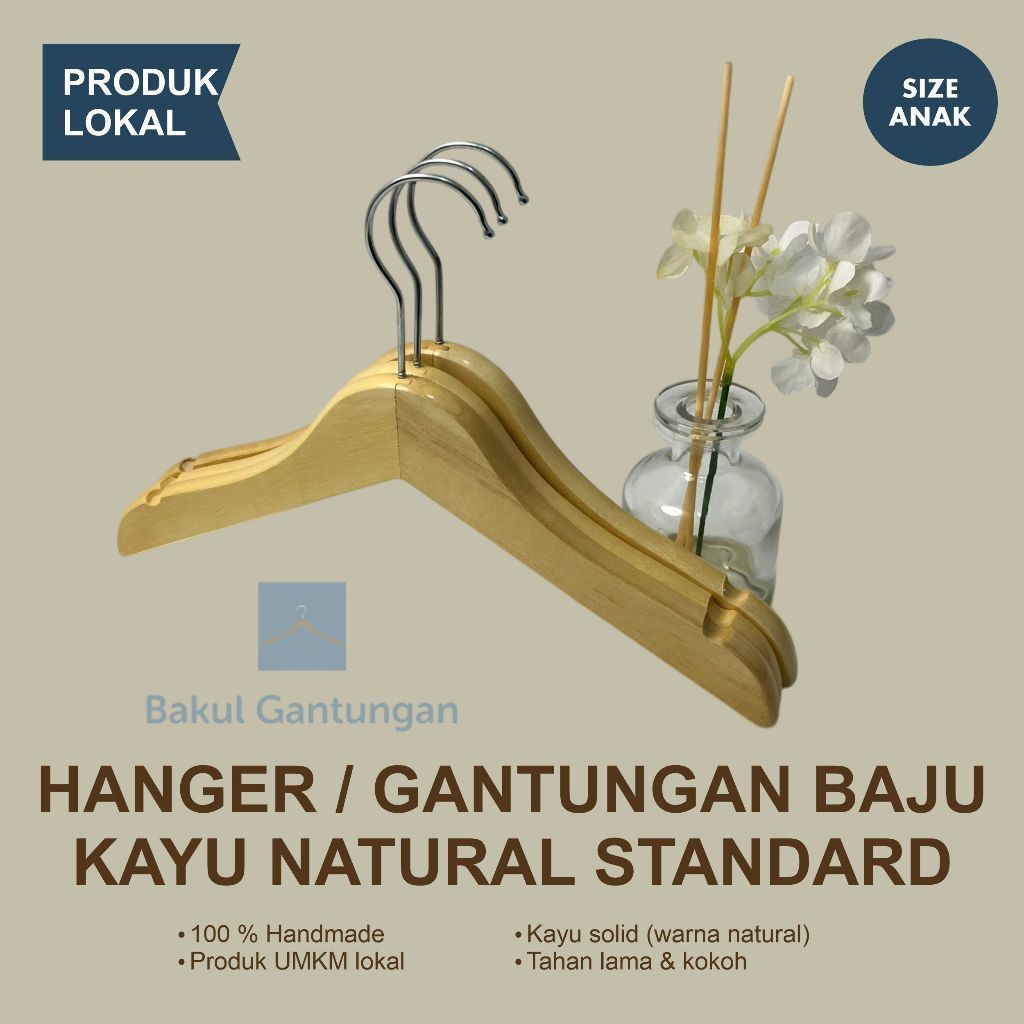 Hanger Kayu Standard Ukuran Baju Anak | Gantungan Baju Anak Aesthetic Bahan Kayu Finishing Natural K