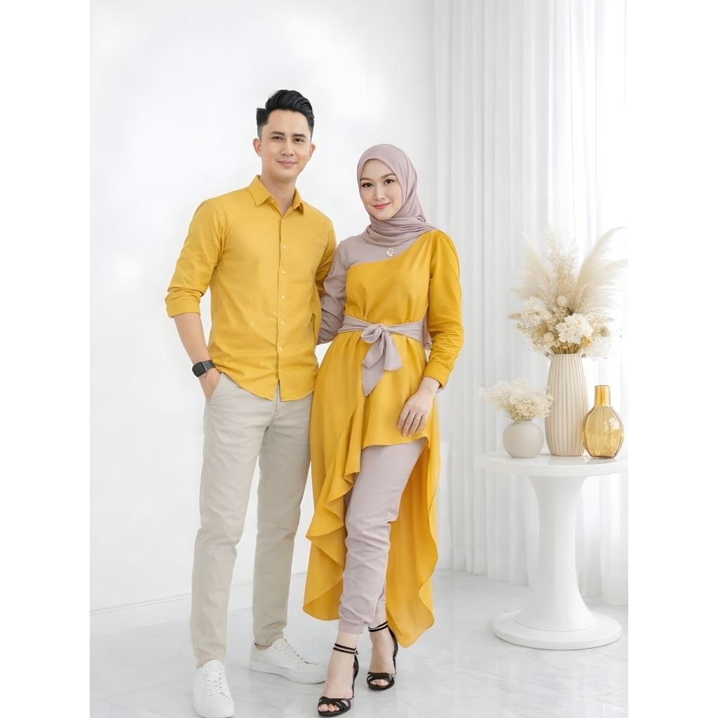 Couple Setelan Baju Pasangan Suami Istri Modern | Atasan Tunik Wanita & Kemeja Pria Bella Ro