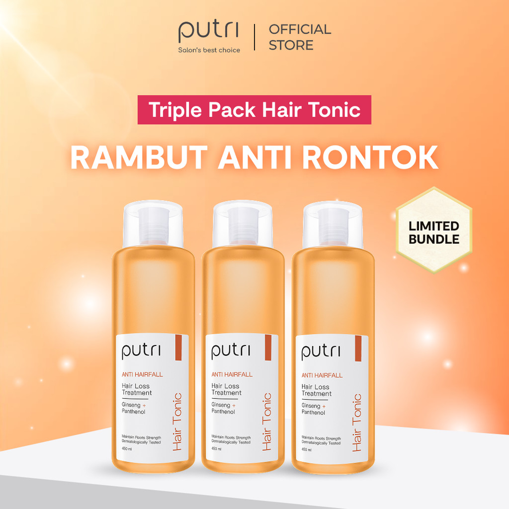 Putri Triple Deals Anti Rontok: Anti Hairfall Hair Tonic 450mL x 3pcs | Hair Tonic Wangi Tahan Lama 