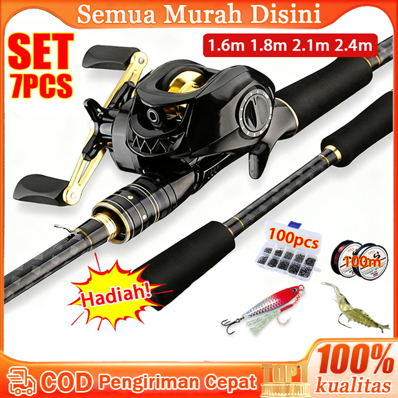 Pancing Set 1.6-2.4m Carbon Fiber Fishing Rod with Fishing Reel Lure 7.2:1 Gear Ratio Max Drag 20kg 