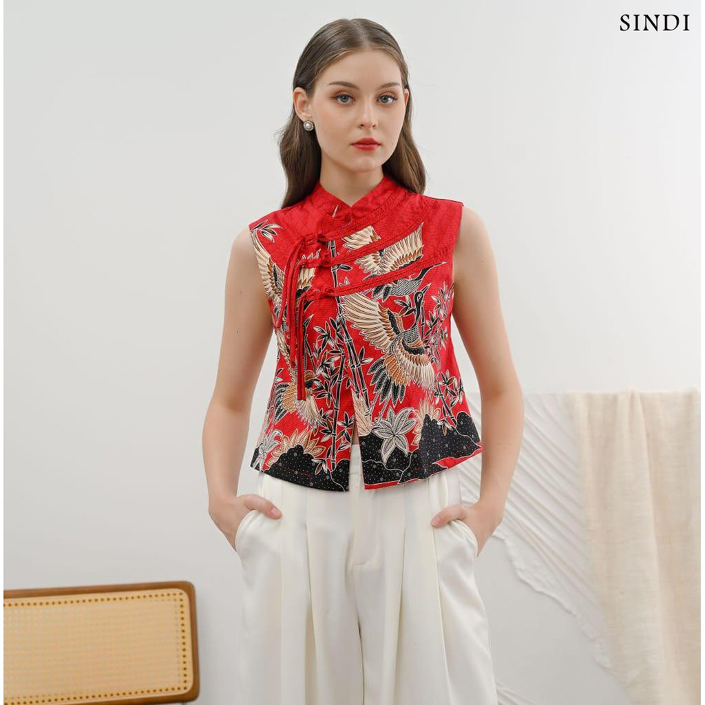 Evercloth Sindi Atasan Batik Cheongsam Wanita Baju Imlek / Couple Batik Modern / Blouse Batik / GAUD