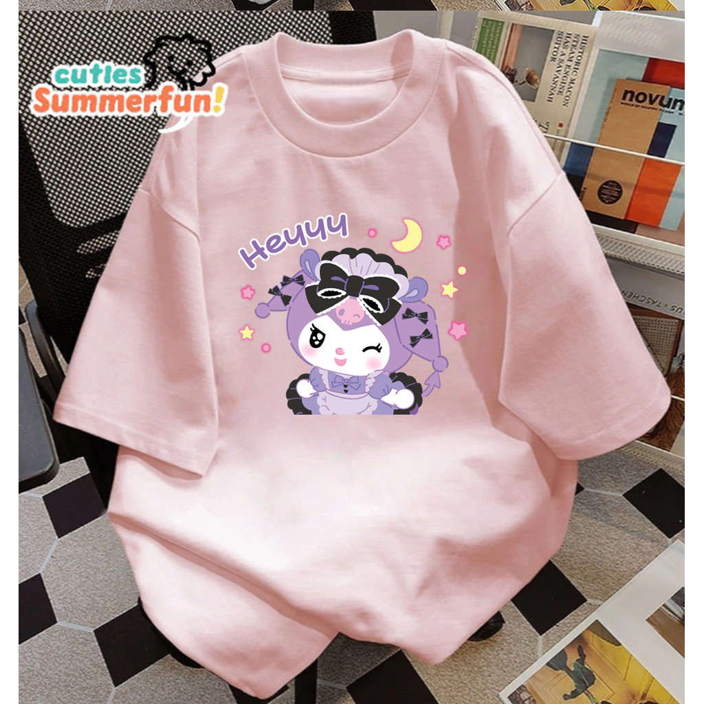 Kaos Oversize Kuromi Lucu "Heyuuu" / T-shirt Wanita Motif Kartun Aesthetic Kekinian |Kaos Putih Over