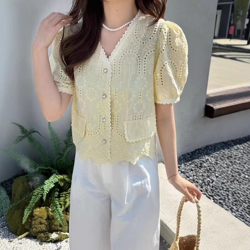 Blus Renda Manis Desain Baru Lengan Puff Bunga Lengan Pendek Berongga