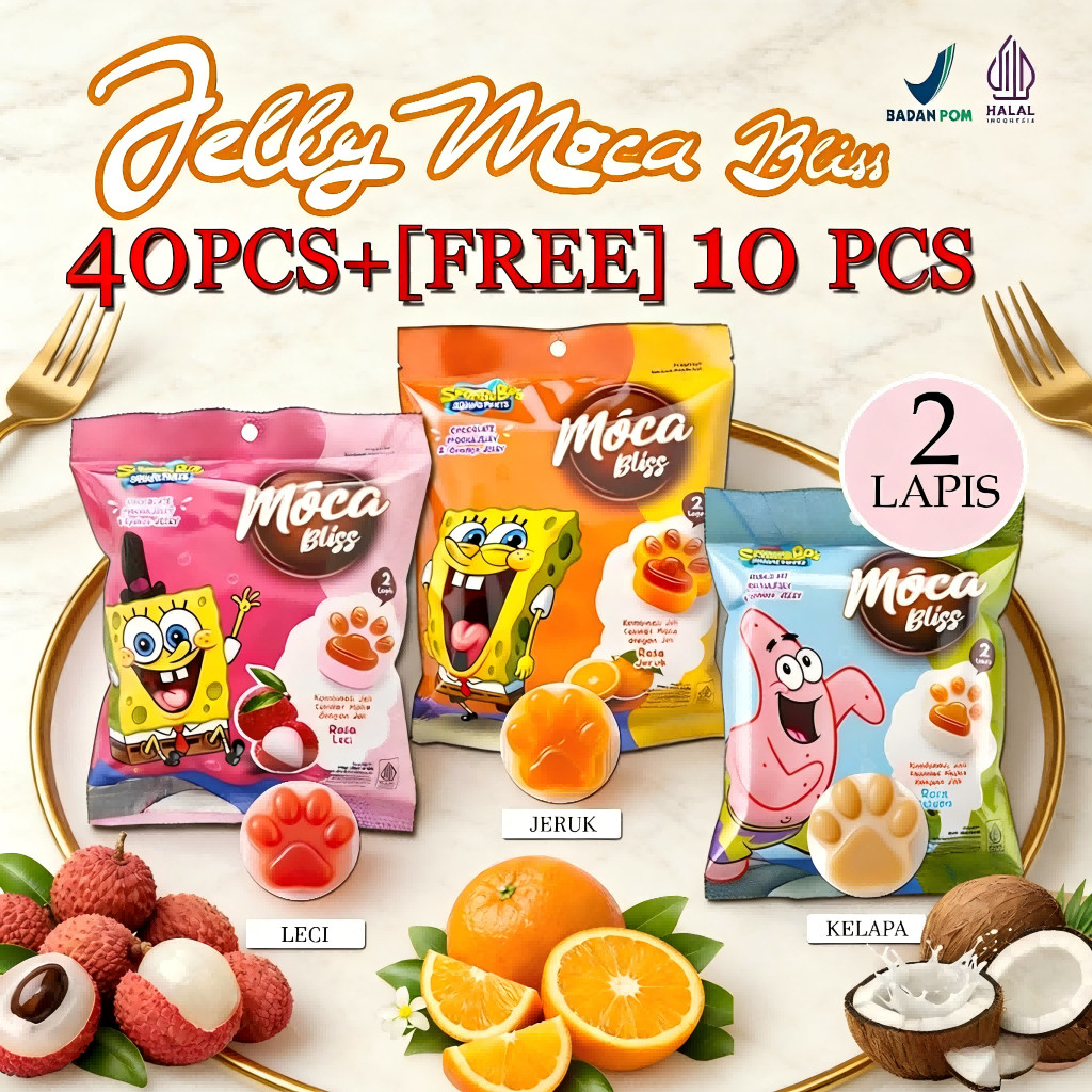Promo 50 Pcs Mocca Bliss Jelly SpongeBob - Puding Sedot / Cup Silky 2 Lapis Aneka Rasa