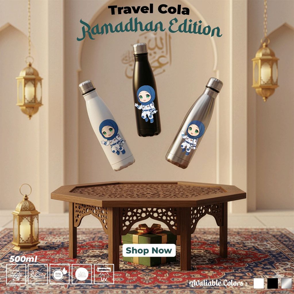 Botol Cola Perjalanan Stainless Steel 304 Edisi Ramadhan Kapasitas 500ml Karakter Lucu Bertudung Bir