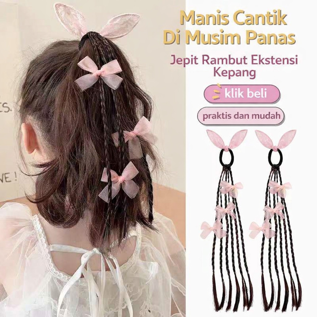 Ikat Rambut Ekstensi Kepang Anak Pita Kelinci Pink – Hair Extension Korean Style Wig Ekor Kuda lucu 