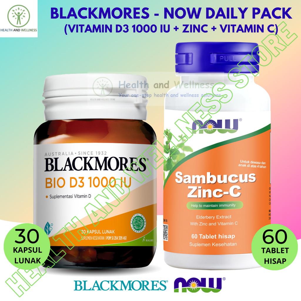 Blackmores Bio D3 1000 IU Kapsul Lunak dan Now Sambucus Zinc C 60 Tablet Hisap