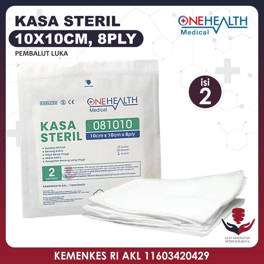 OneHealth Kasa Sterile 10x10 cm 8 Ply isi 2 Penutup Luka Peralatan Pembersih Perban Lipat Dalam P3K 