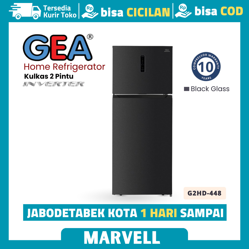Kulkas Inverter 2 Pintu Gea G2HD-448 Black Glass