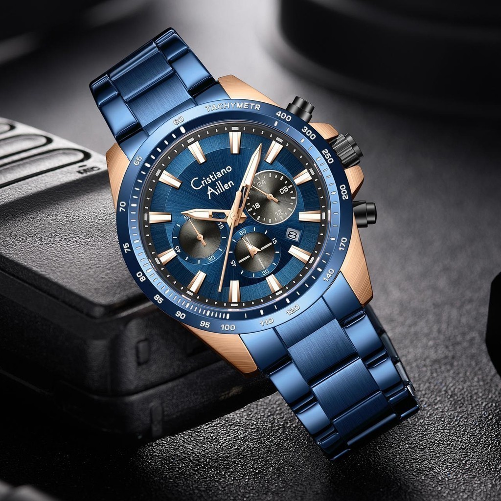 Buy 1 Get 1  Cristiano Aillen Jam Tangan Pria Analog 8891 Rantai Stainless Steel Chronograph Kaca Sa