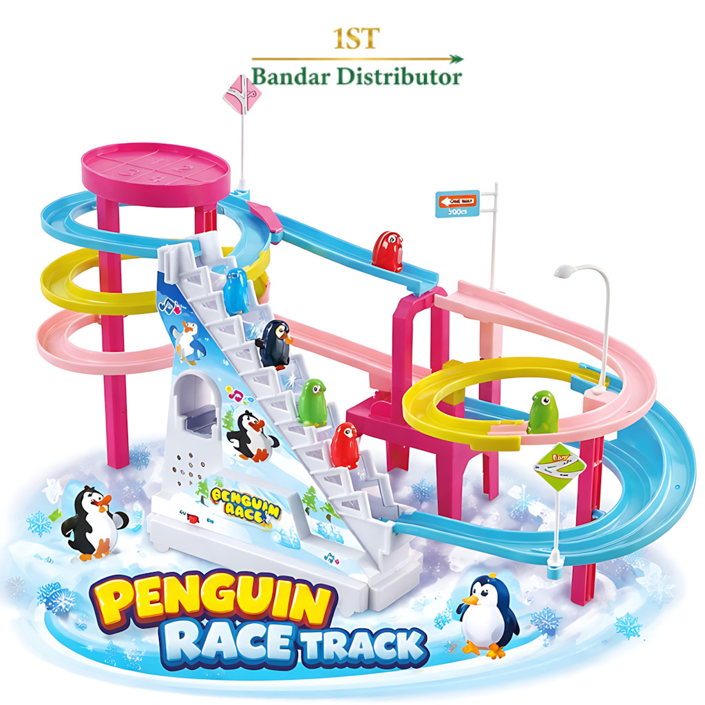 Mainan Anak Penguin Race Track Series Mainan Tangga Eskalator Ada Lampu Musik Edukasi Anak