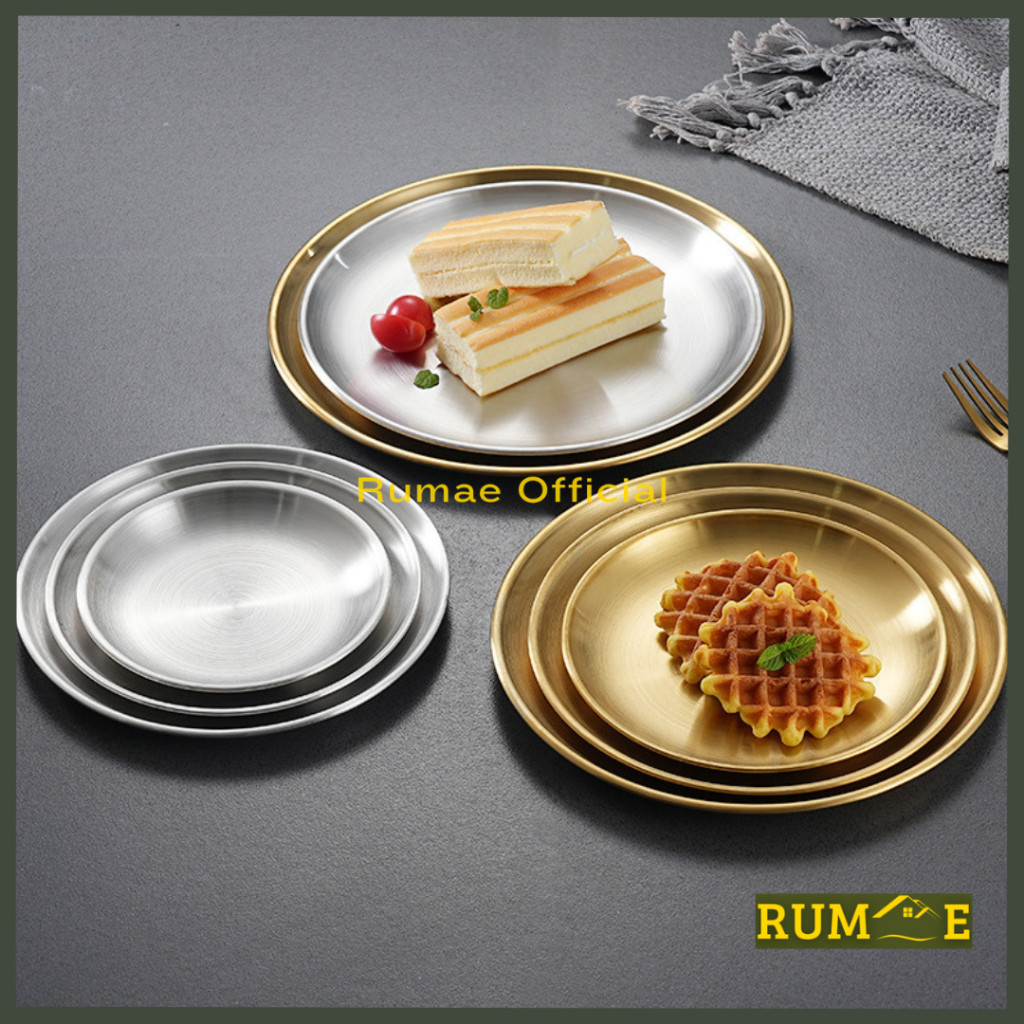 Piring Makan Korea Style Emas Bulat Piring Makan Stainless Steel