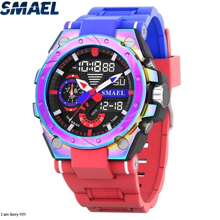 Jam Tangan Analog Digital Pria Wanita SPORT Merk SMAEL Digital 8060 - Pelangi Biru Merah