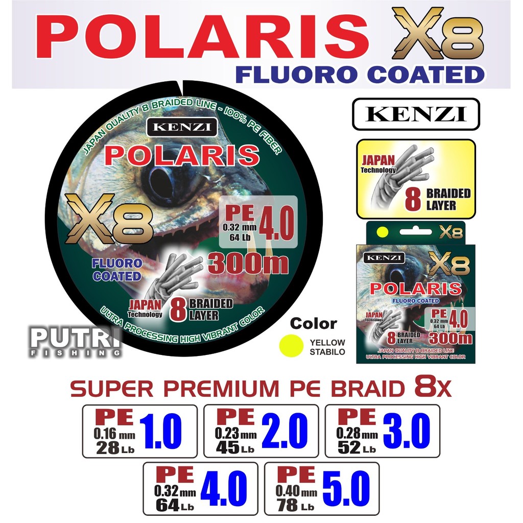 PE KENZI POLARIS X8 300m - Senar Pancing Fluoro Coated Super Premium PE Braid | 8 Braided Layer | Ja