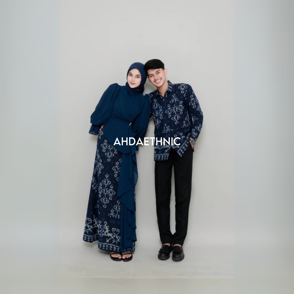 COUPLE TENUN DRESS DAN KEMEJA GREY BLUE SET BAJU COUPLE SERI ELIRA