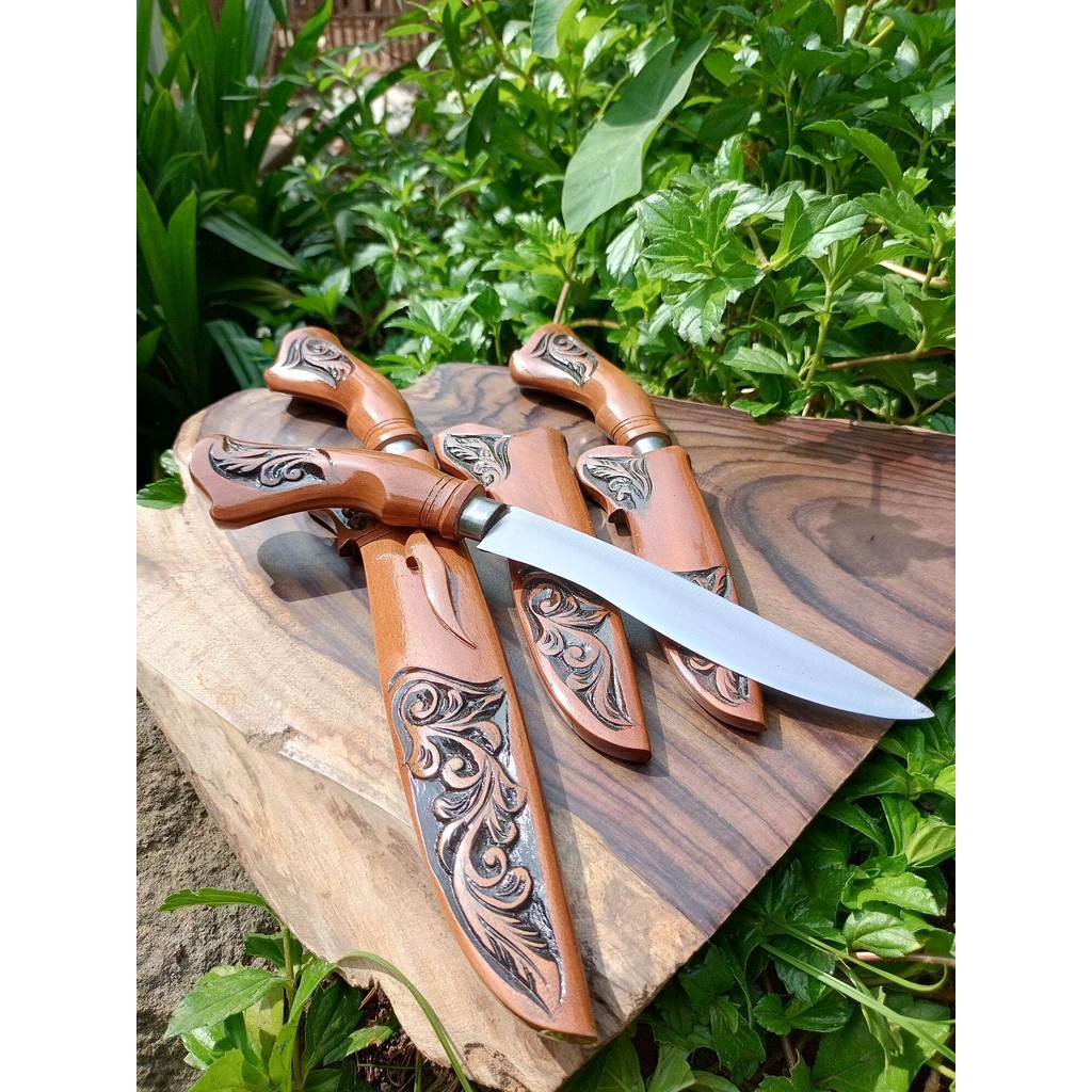 Pisau badik kwalitas terbaik kayu Rasamala panjang 15/20cm bahan baja strip tempa sepuh