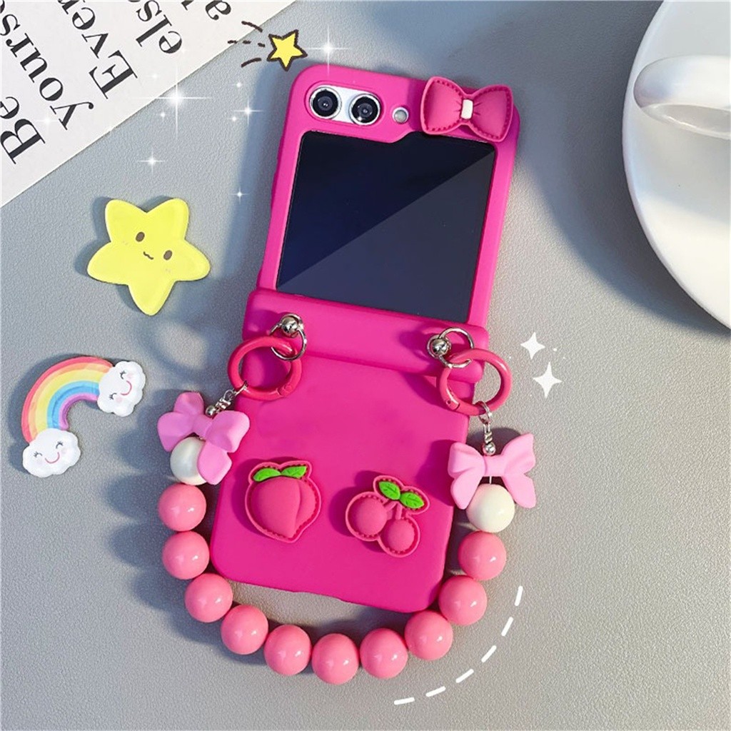 Casing Merah Mawar Pita Persik Ceri Lucu Korea dengan Rantai Gelang untuk Samsung Galaxy Z Flip5 Fli