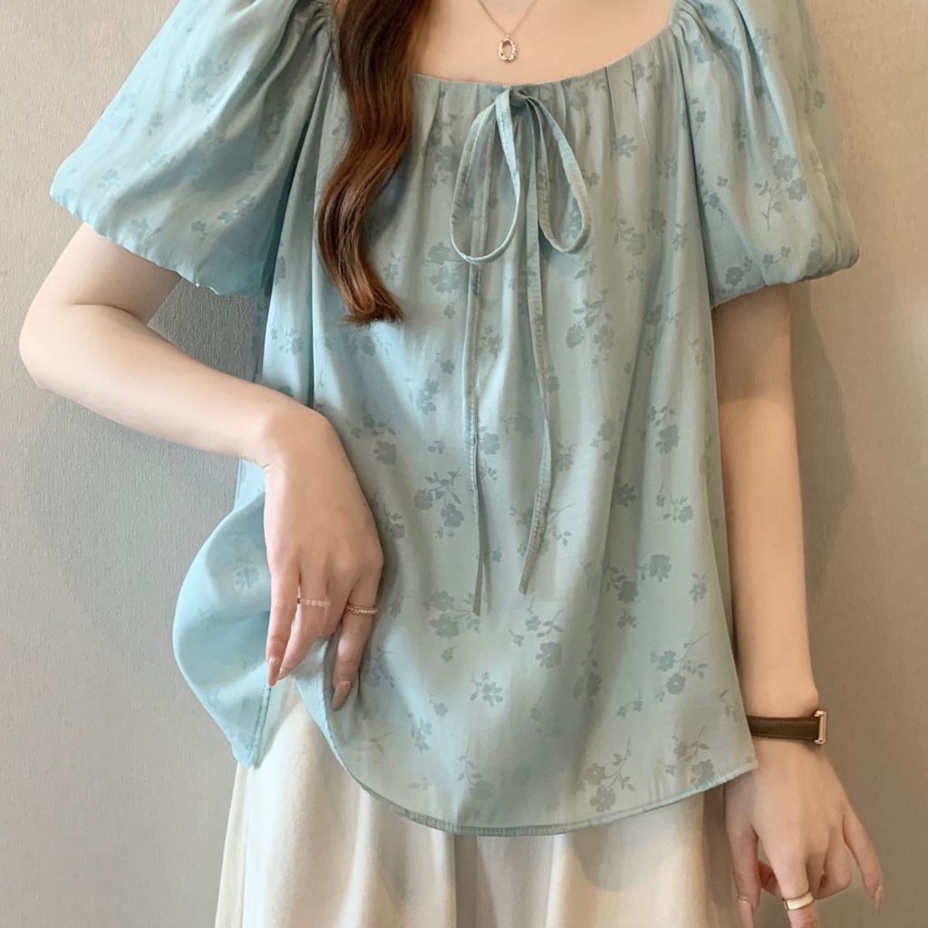 Blus Sifon Lengan Pendek Motif Bunga Biru Muda V-Neck Gaya French Longgar Slim Fit untuk Wanita Ukur